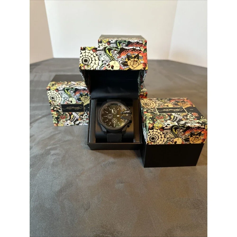 Ed Hardy New In Box Watch Black Matte Silicone Strap Sunray Dial